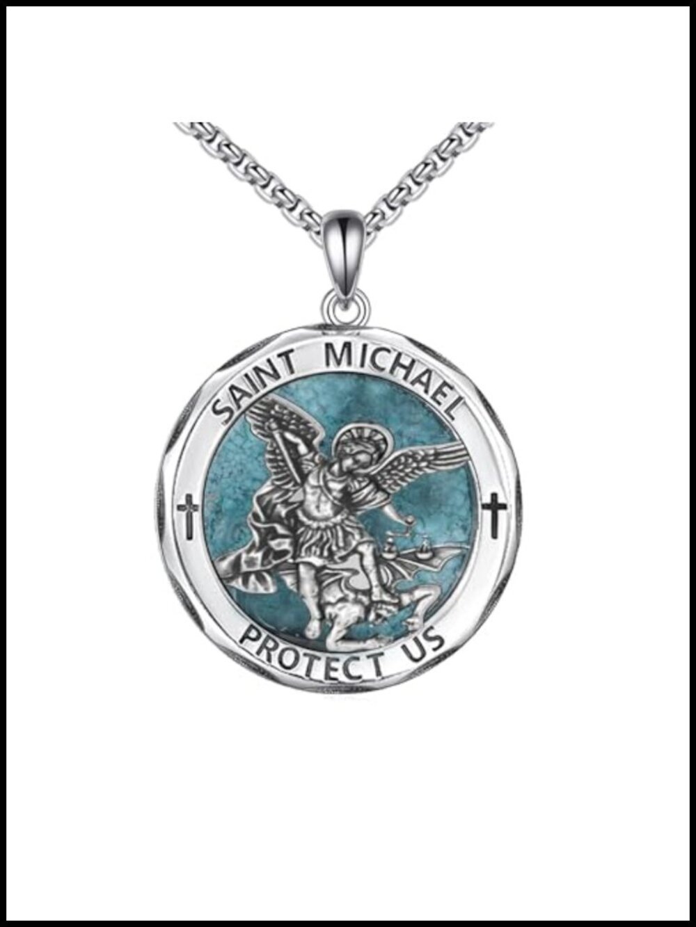 St Michael Medal Necklace Protection Pendant Men Women 18K White Gold Plated